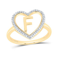 10K Yellow Gold Diamond Women's Block Letter F Initial Heart Frame Ring 1/10 CT