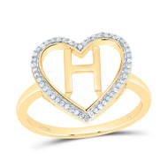 10K Yellow Gold Diamond Women's Block Letter H Initial Heart Frame Ring 1/10 CT