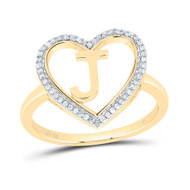 10K Yellow Gold Diamond Women's Block Letter J Initial Heart Frame Ring 1/10 CT