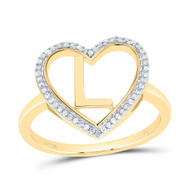10K Yellow Gold Diamond Women's Block Letter L Initial Heart Frame Ring 1/10 CT