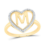 10K Yellow Gold Diamond Women's Block Letter M Initial Heart Frame Ring 1/10 CT