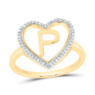 10K Yellow Gold Diamond Women's Block Letter P Initial Heart Frame Ring 1/10 CT