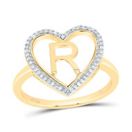 10K Yellow Gold Diamond Women's Block Letter R Initial Heart Frame Ring 1/10 CT