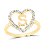 10K Yellow Gold Diamond Women's Block Letter S Initial Heart Frame Ring 1/10 CT