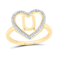 10K Yellow Gold Diamond Women's Block Letter U Initial Heart Frame Ring 1/10 CT