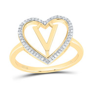 10K Yellow Gold Diamond Women's Block Letter V Initial Heart Frame Ring 1/10 CT