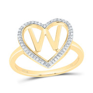 10K Yellow Gold Diamond Women's Block Letter W Initial Heart Frame Ring 1/10 CT