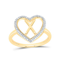 10K Yellow Gold Diamond Women's Block Letter X Initial Heart Frame Ring 1/10 CT
