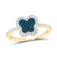 10K Yellow Gold Real Blue Diamond 10mm Cluster Butterfly Right Hand Ring 1/4 CT
