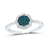 10K White Gold Real Blue Diamond Floral Cluster Flower Right Hand Ring 1/4 CT