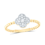 14K Yellow Gold Real Diamond Women's Luck 4 Leaf Clover Beaded Band Ring 1/8 CT