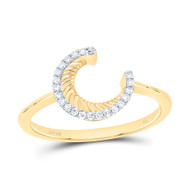10K Yellow Gold Genuine Diamond Women's Textured Crescent Moon Band Ring 1/10 CT