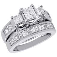 14K White Gold 3 Stone Princess Diamond Past Present Future Bridal Set 2 Ct.