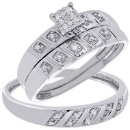 10K White Gold Diamond Trio Set Matching Engagement Ring Wedding Band 0.08 Tcw