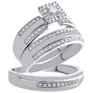 .925 Sterling Silver Soltiaire Diamond Trio Set Engagement + Wedding Ring 1/4 Ct