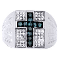 Blue Diamond Cross Statement Wedding Band Sterling Silver Pinky Ring 0.50 Ct.