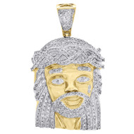 10K Yellow Gold Diamond Pave Set Tear Drop Jesus Face Men's Pendant 1.55" 1 Ct.