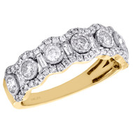 14K Yellow Gold Tapered Baguette & Round Diamond Halo Ladies Wedding Band 1 CT.