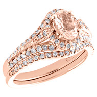 10K Rose Gold Oval Morganite & Diamond Milgrain Engagement Ring Bridal Set 2 TCW
