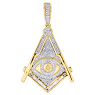 10K Yellow Gold Baguette Diamond Men's Masonic Compass Evil Eye Pendant 1/5 CT