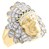 10K Yellow Gold Baguette Diamond 3D Native American Tribal Chief Pinky Ring 1 CT