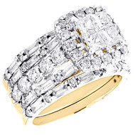 14K Yellow Gold Baguette Diamond Square Halo Engagement Ring 3Pc Bridal Set 3 CT