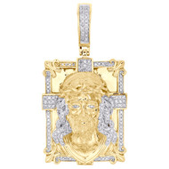 10K Yellow Gold Diamond Fleur De Lis Rectangle Jesus Face Cross Pendant 1/2 CT