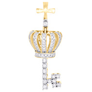 10K Yellow Gold Diamond Crown Hat Royalty King Pendant 1.80" Cross Charm 0.95 CT