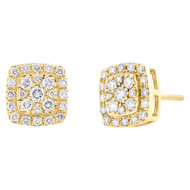 10KY Yellow Gold Round Diamond Double Frame Cluster Stud 10mm Earrings 0.95 CT.
