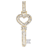 10K Yellow Gold Baguette Diamond Love Heart Key Pendant 1.95" Charm 1.40 CT.