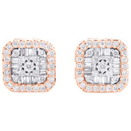 10K Rose Gold Baguette Diamond 8mm Cluster Cushion Square Stud Earrings 0.40 CT