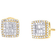10K Yellow Gold Baguette Diamond 7mm Double Square Halo Stud Earrings 0.28 CT