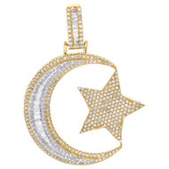 10K Yellow Gold Diamond Islamic Crescent Moon & Star Pendant 1.70" Charm 1.30 CT