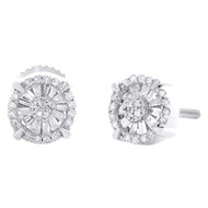 10K White Gold Natural Baguette Diamond Circle Halo Flower Stud Earrings 1/5 CT