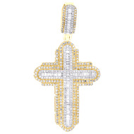 10K Yellow Gold Real Baguette Diamond Men's Tiered Rounded Cross Pendant 1.20 CT
