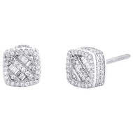10K White Gold Real Baguette Diamond 7.5mm 3D Round Square Stud Earrings 0.55 CT