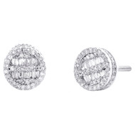 10K White Gold Real Baguette Diamond 7.5mm 3D Round Circle Stud Earrings 1/3 CT