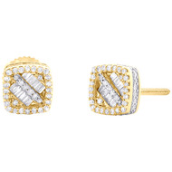 10K Yellow Gold Real Baguette Diamond 7mm 3D Rounded Square Stud Earrings 1/3 CT