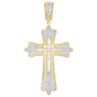 10K Yellow Gold Natural Baguette Diamond 3D Trefoil Fleur Cross Pendant 0.82 CT