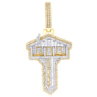 10K Yellow Gold Real Baguette Diamond 2" Cluster Trap House Key Pendant 1.28 CT