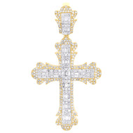 10K Yellow Gold Baguette Diamond 2" Cluster Trefoil Fleur Cross Pendant 1.90 CT