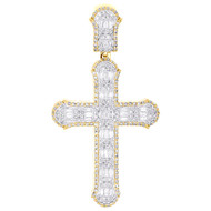 10K Yellow Gold Natural Baguette Diamond 2.5" Cluster Oval Cross Pendant 2.33 CT