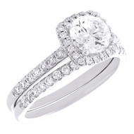 14K White Gold Lab Created Solitaire Diamond Cushion Halo Bridal Set 1.50 CT