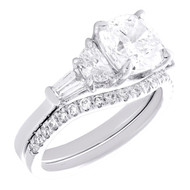 14K White Gold Lab Created Cushion Diamond 3 Stone Contoured Bridal Set 2.93 CT
