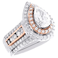 14K Two Tone Gold Lab Created Diamond Pear Soliatire Double Halo Bridal Set 3 CT