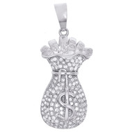 Sterling Silver Diamond Mini Money Bag Statement Pendant 1.25" Pave Charm 1/4 CT