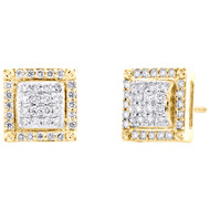 10K Yellow Gold Round Diamond Square Domed Stud 10mm Cluster Earrings 3/4 CT.