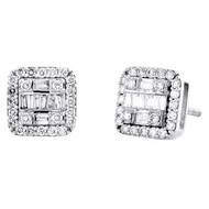 10K White Gold Round & Baguette Diamond Square Stud 8mm Cluster Earrings 0.56 CT