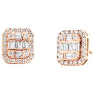 10K Rose Gold Round & Baguette Diamond Square Stud 9mm Cluster Earrings 0.69 CT.