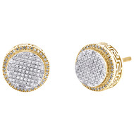 10K Yellow Gold Real Diamond 11mm Halo 3D Greek Key Circle Stud Earrings 1/4 CT
